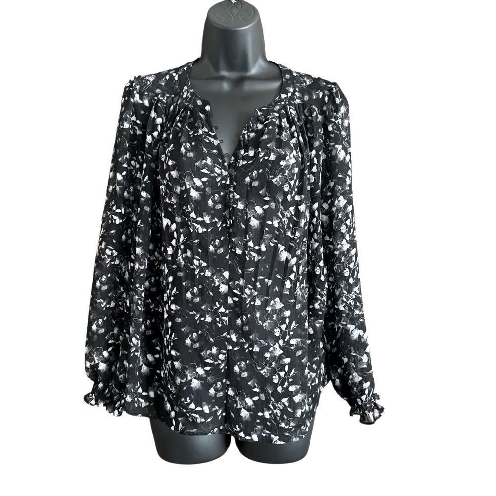Simply Vera Black & White Leaf Print Semi Sheer Boho Blouse Size Small